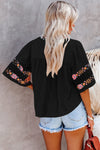 Black Boho Tassel Drawstring Embroidered Blouse