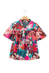 Rose Red Floral Print V Neck Lantern Sleeve Blouse