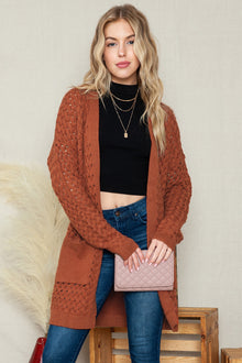  Brown Woven Texture Open Front Pockets Knit Cardigan