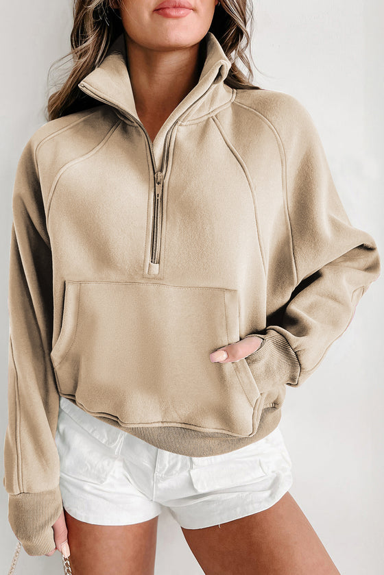 Brown Zip Up Stand Collar Thumbhole Sleeve Sweatshirt