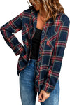 Multicolor Plaid Casual Pockets Asymmetric Long Sleeve Shacket