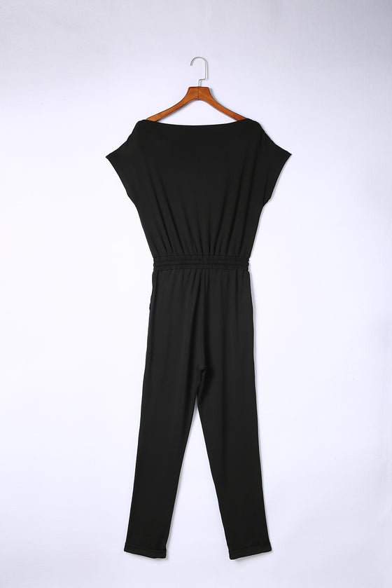 Black Tie Waist Off Shoulder Tapered Jumpsuit