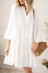 White Chevron Textured Notch Neck Mesh Tiered Dress