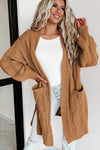 Apricot Ribbed Trim Hollow Knit Side Slits Cardigan