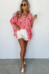 Pink Boho Floral Print V Neck Oversized Blouse