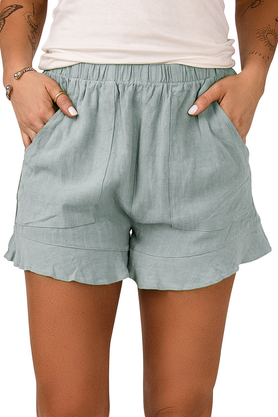 Khaki Casual Pocketed Ruffle High Waist Shorts