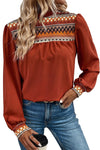 Burnt Orange Geometric Frilled Neck Puff Sleeve Blouse