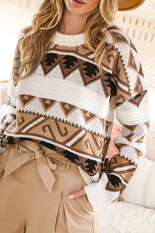  Multicolor Geometric Pattern Colorblock Cable Knit Sweater