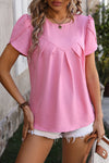 Pink Solid Color Pleated Round Neck Petal Sleeve Blouse