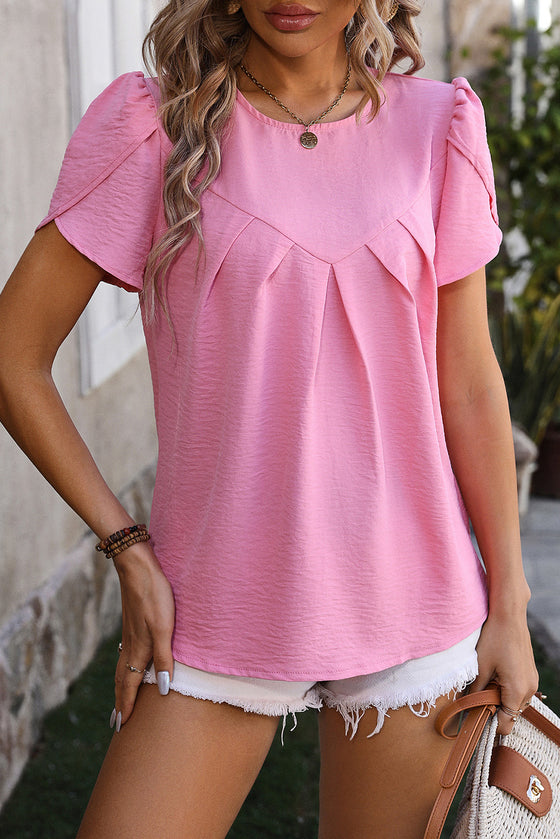 Pink Solid Color Pleated Round Neck Petal Sleeve Blouse