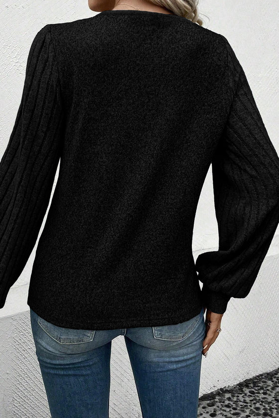 Black Button Detail V Neck Ribbed Bishop Sleeve Top | Available in 2 Colors