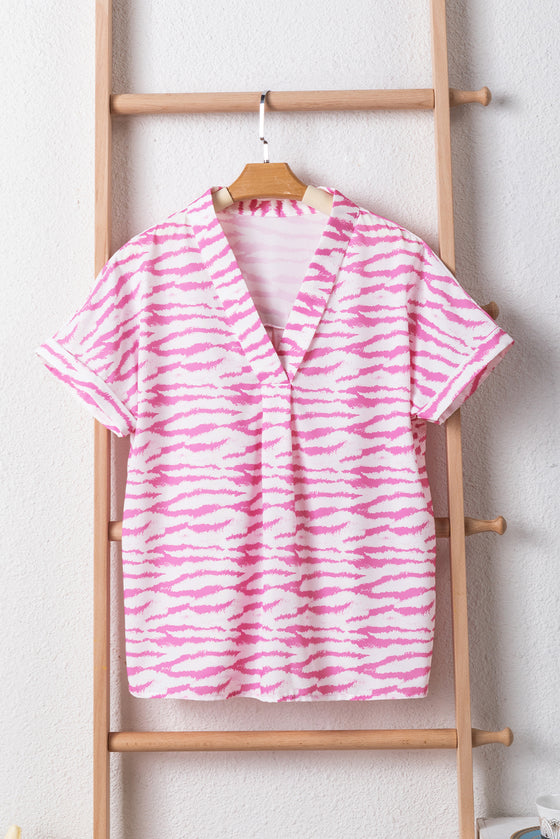 Pink Zebra Print V-Neck Roll Up Sleeve Blouse | Available in Black