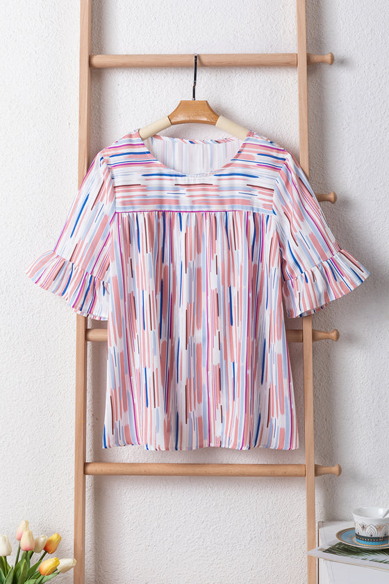 White Striped Abstract Print Ruffle Half Sleeve Blouse