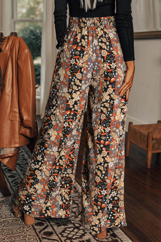 Black Floral Print Boho High Waist Wide Leg Pants