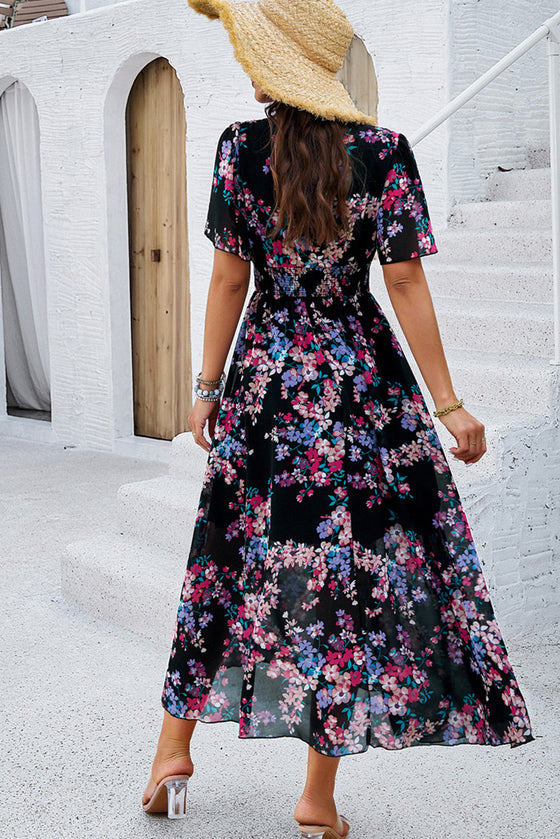 Black Floral Print Shirred Waist V Neck Maxi Dress