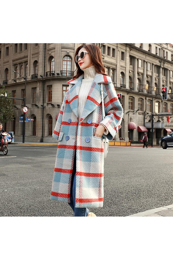 Red and Blue Plaid Long Woolen Coat for Women