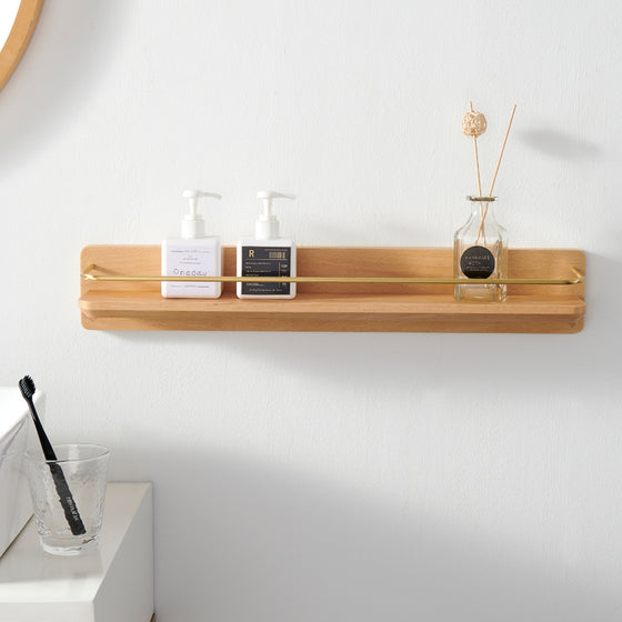 Modern Bathroom Floating Shelf with Brass Railing and Towel Rack