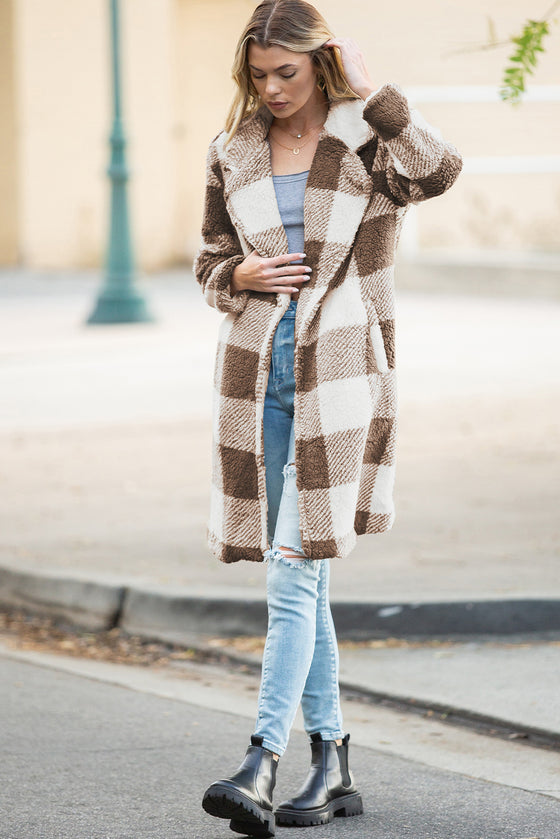 Brown Plaid Lapel Collar Long Open Front Coat