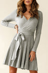 Belted Wrap V Neck Ribbed Pleated Sweater Dress in Gray or Brown