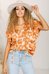 Orange Satin Retro Floral V-Neck Blouse