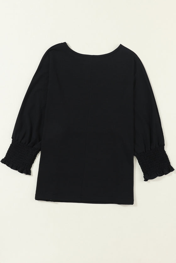 Black Plain Smocked 3/4 Sleeve Casual Loose T Shirt | Available in 3 Colors