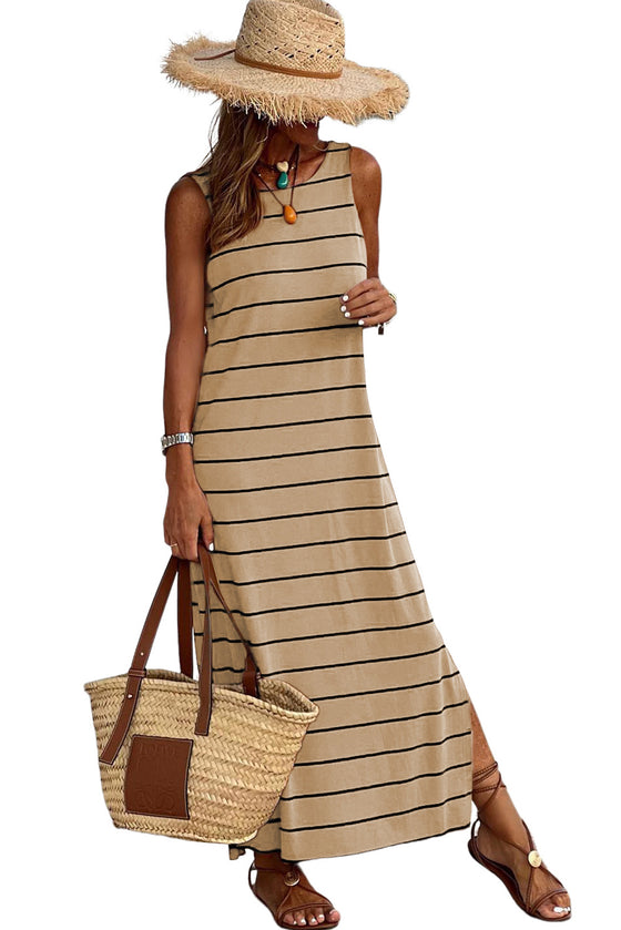 Black Stripe Print Open Back Sleeveless Maxi Dress With Slits