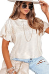 Apricot Striped Lace Splicing Ruffle Sleeve T-shirt | Available in 2 Colors