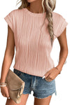 Pink Solid Color Wavy Textured Cap Sleeve Top