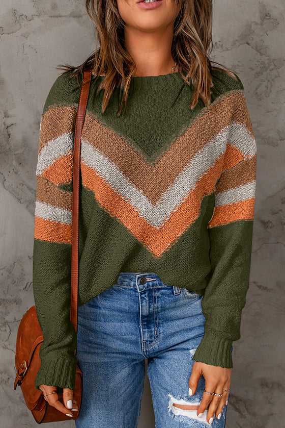 Beige Chevron Casual Drop Shoulder Knit Sweater