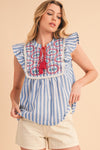 Sky Blue Stripe Geometric Tassel Tied Ruffle Blouse