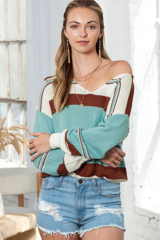 Peach Blossom Striped Pattern Knit V Neck Sweater | Other Colors Available