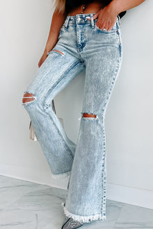  Light Blue Casual Distressed Washed Flare Jeans