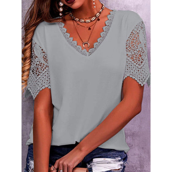 V-Neck Loose Fitting Top with Lace Sleeves