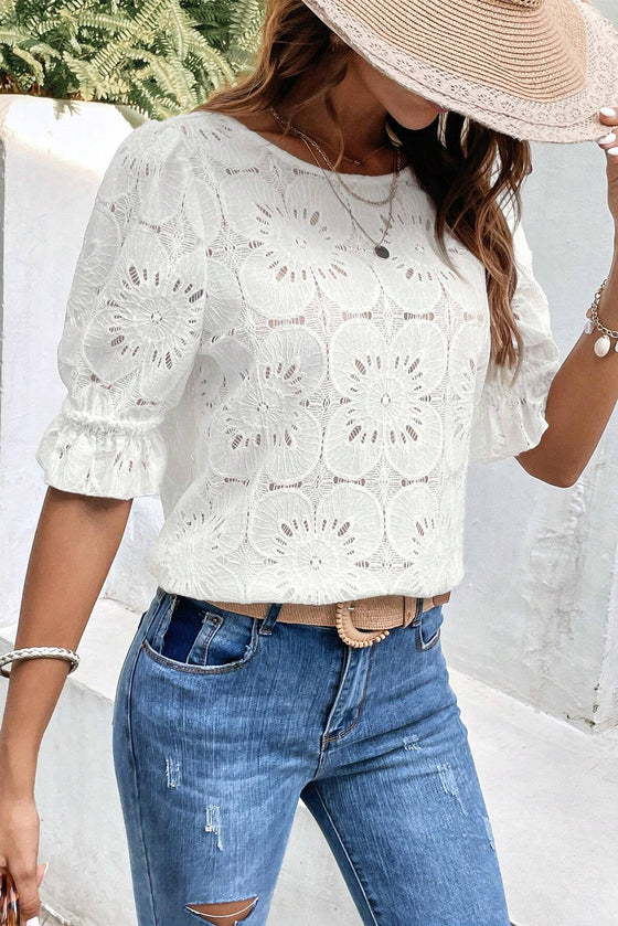 White Eyelet Puff Sleeve Blouse | Available in 3 Colors