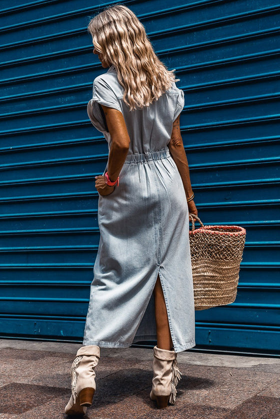 Blue Denim Batwing Sleeve Maxi Dress