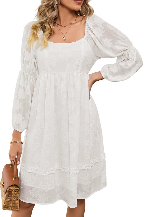 White Jacquard Square Neck Bubble Sleeve Dress