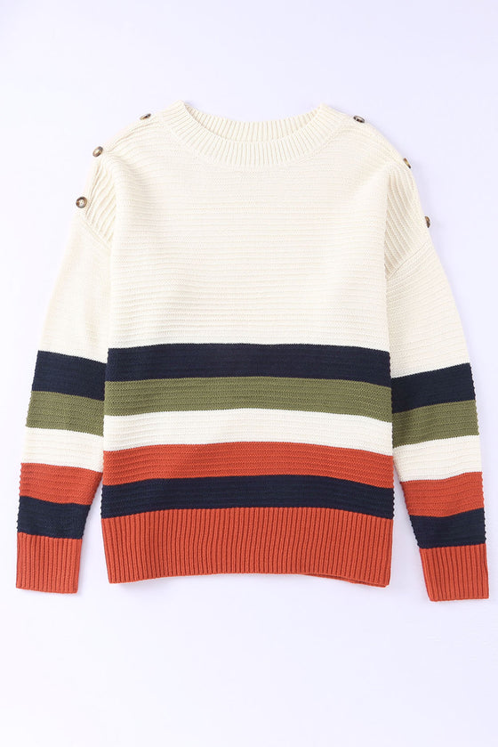 Colorblock Striped Button Drop Shoulder Pullover Sweater | Available