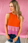 Orange Colorblock Layered Ruffle Sleeveless Blouse