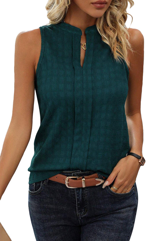 Sea Green Textured Split V Neck Sleeveless Shirt | Available in 3 Colors