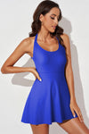 Blue Strappy Halter Neck Skirt One Piece Swimsuit