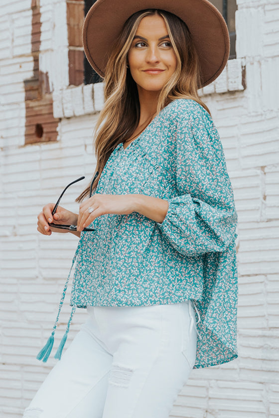 Light Blue Floral Print Boho Lace Up High Low V Neck Blouse