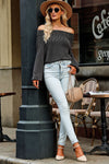 Gray Ribbed Off-Shoulder Balloon Sleeve Top