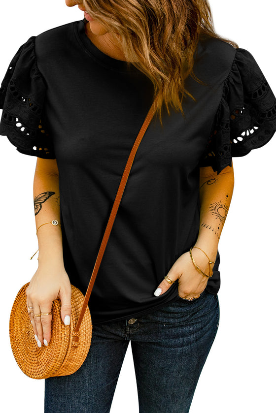 Black T-shirt with Crochet Lace Short Sleeves | Available in 2 Colors