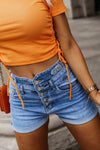 Dusk Blue Button Fly High Waist Roll Edge Denim Shorts