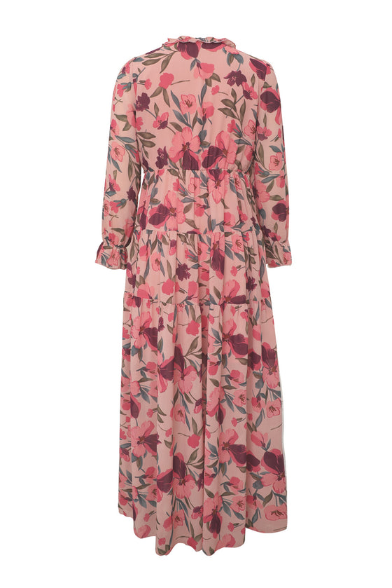 Pastel Red Floral Print Ruffle Trim Plunge Neckline Maxi Dress