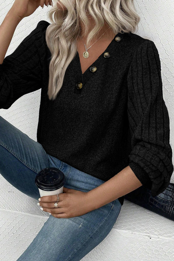 Black Button Detail V Neck Ribbed Bishop Sleeve Top | Available in 2 Colors