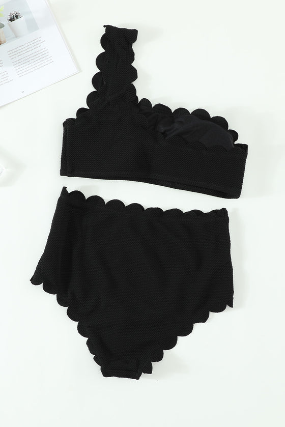 Black Scalloped Trim Asymmetrical Neck High Waist Bikini