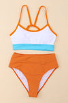 Orange Color Block Spaghetti Strap High Waist Two Piece Swimsuit