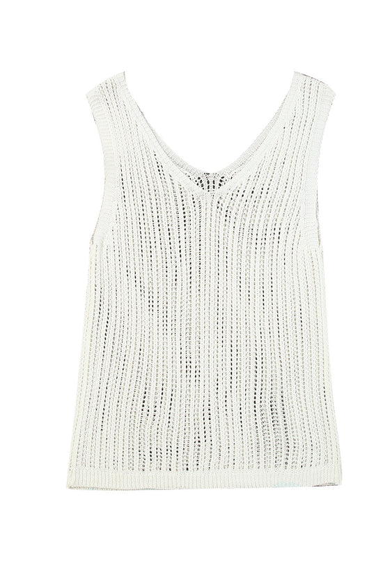 White Hollowed Knit V Neck Tank Top | Available in 2 Colors