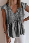 Khaki Frilled V Neck Metallic Crinkle Sleeveless Blouse